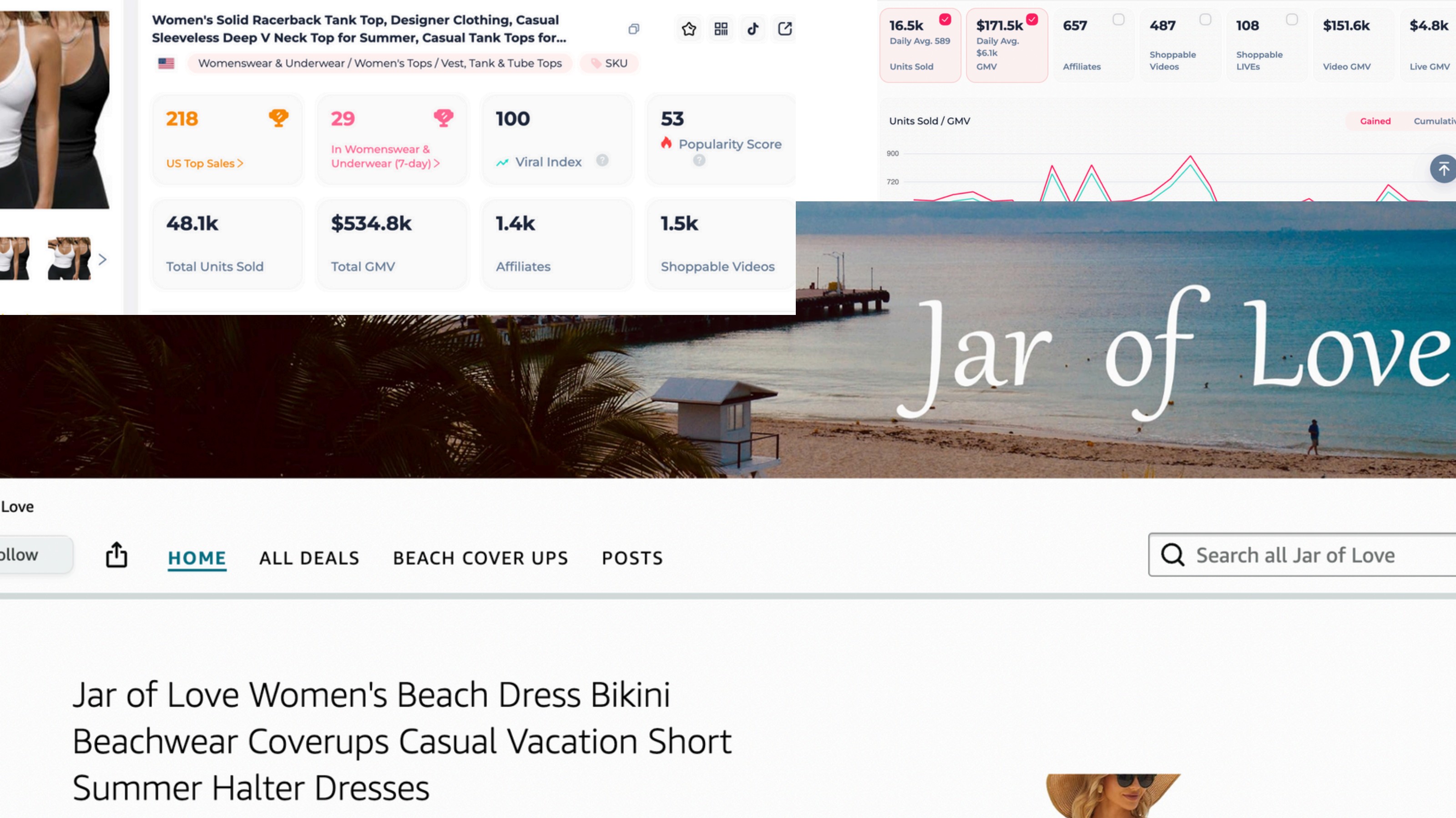 Jar Of Love TikTok Shop case study — $534.8K GMV, 48.1K units sold, 1.4K affiliates, beach dress and cover-up brand scaled by TheTikTokShopLaunch